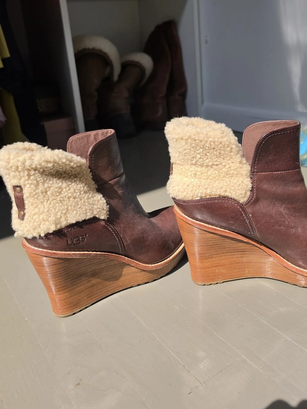 UGG Brown Leather Wedge Booties with Cream Shearling Cuff